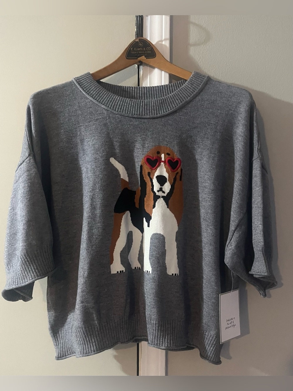 NEW Anthropology CALLIGRAPHIE Grey Knit Sweater Beagle Dog Glasses SZ Large